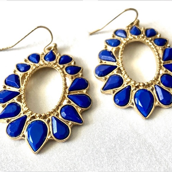 BEAUTIFUL BLUE&GOLD COLORED TEARDROP EARRINGS - Picture 1 of 8